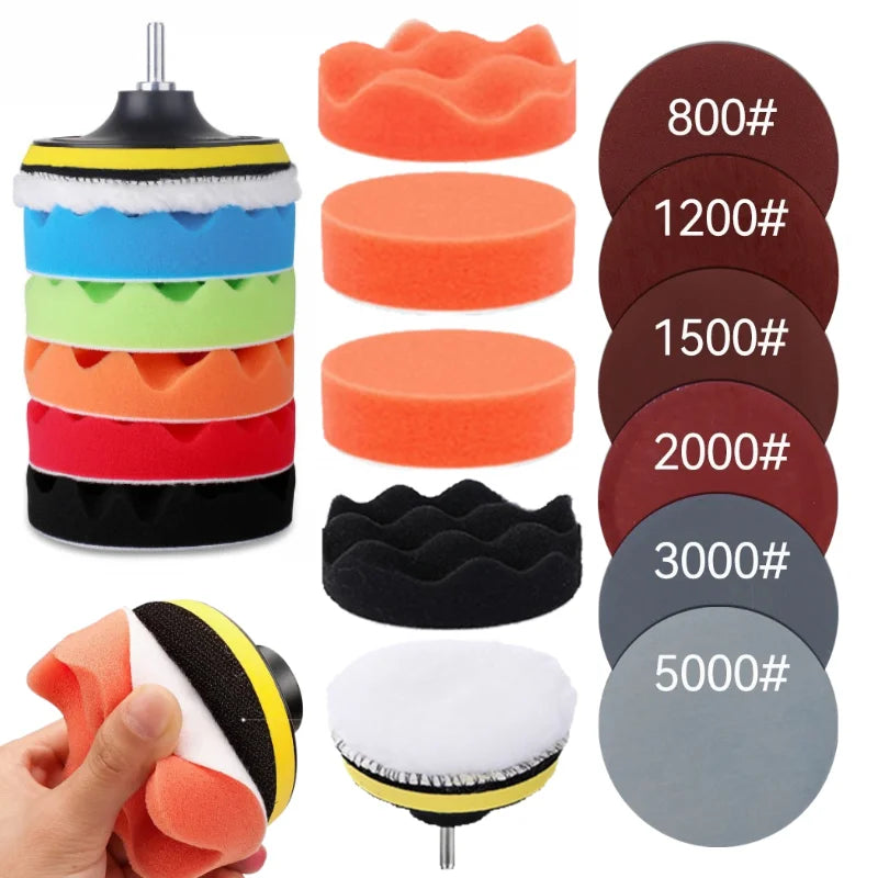 Car polishing kit with colorful 3-inch foam pads, wool buffer, drill adapter, and assorted grit sanding discs.