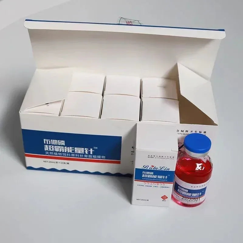 Box containing ten 20ml white vials with red liquid, featuring blue labels and caps. Professional healthcare packaging.