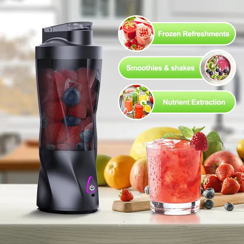 Black portable blender with a sleek, curved design and purple power button, filled with fresh strawberries and berries.
