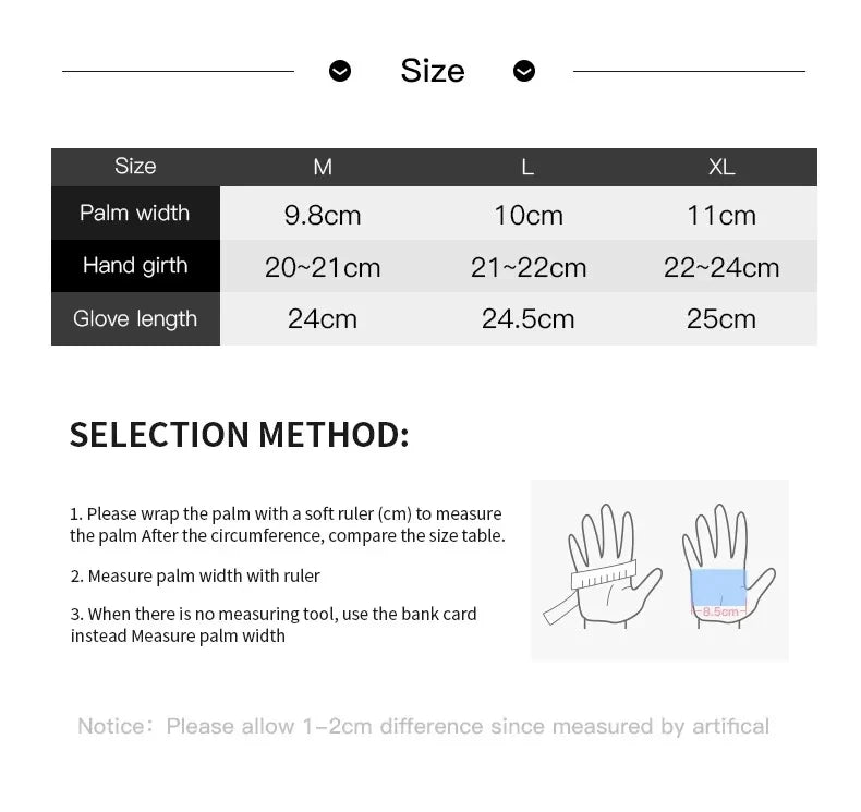 Glove size guide table with palm width, hand girth, and length measurements for sizes M, L, and XL.