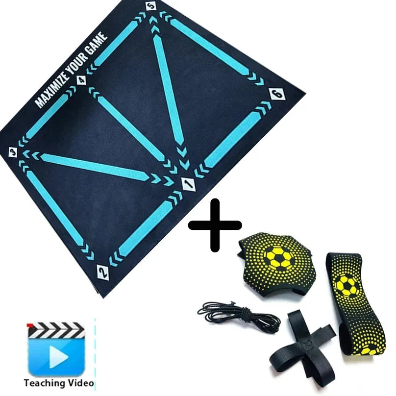 Football training mat with numbered directional markers, plus matching yellow-dotted ball attachment strap and accessories.