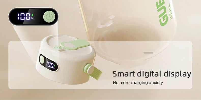 White and light green smart water bottle lid with a digital battery percentage display.