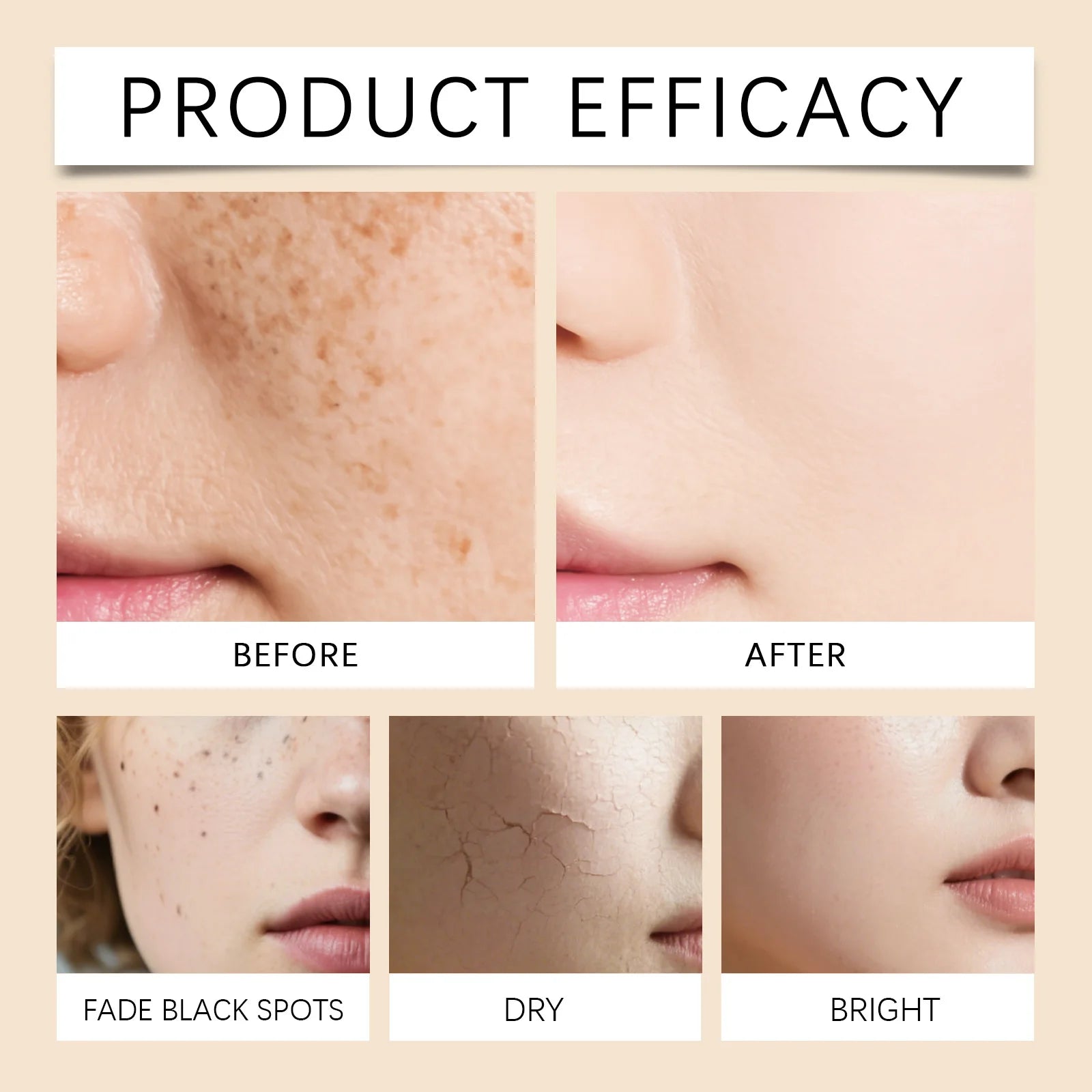 Before and after comparison of skin showing reduction in dark spots, improved hydration, and a brighter complexion.
