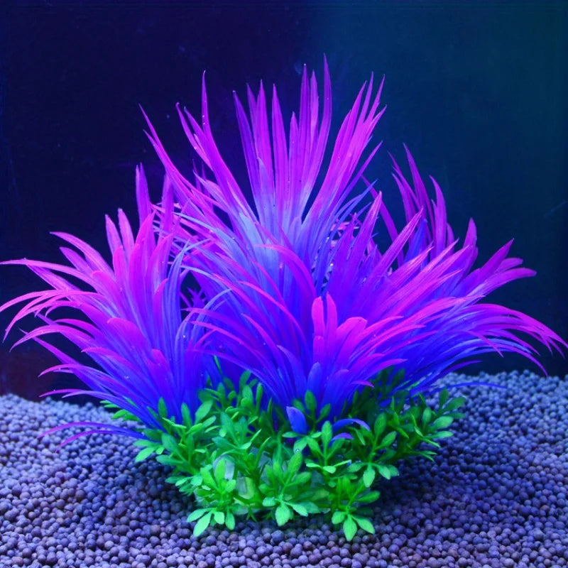 Artificial aquarium plant with vibrant purple and blue spiked leaves atop a base of small, bright green foliage.