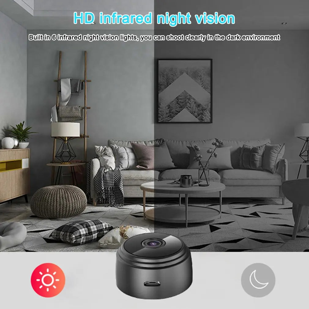 Small black cylindrical plastic security camera with a lens and charging port, featuring six built-in IR LEDs.
