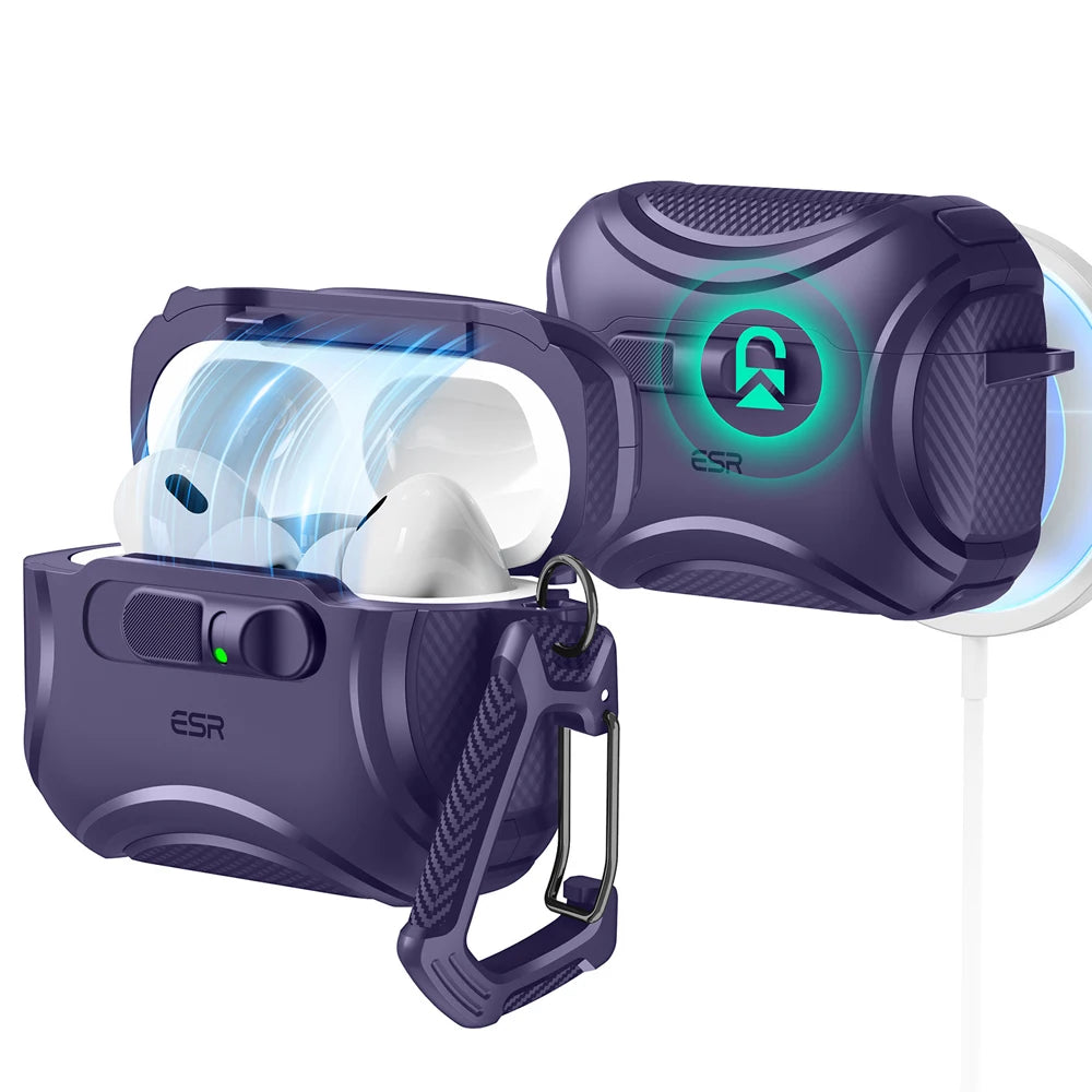 Purple rugged protective case for AirPods Pro, featuring a locking mechanism, carabiner, and wireless charging support.