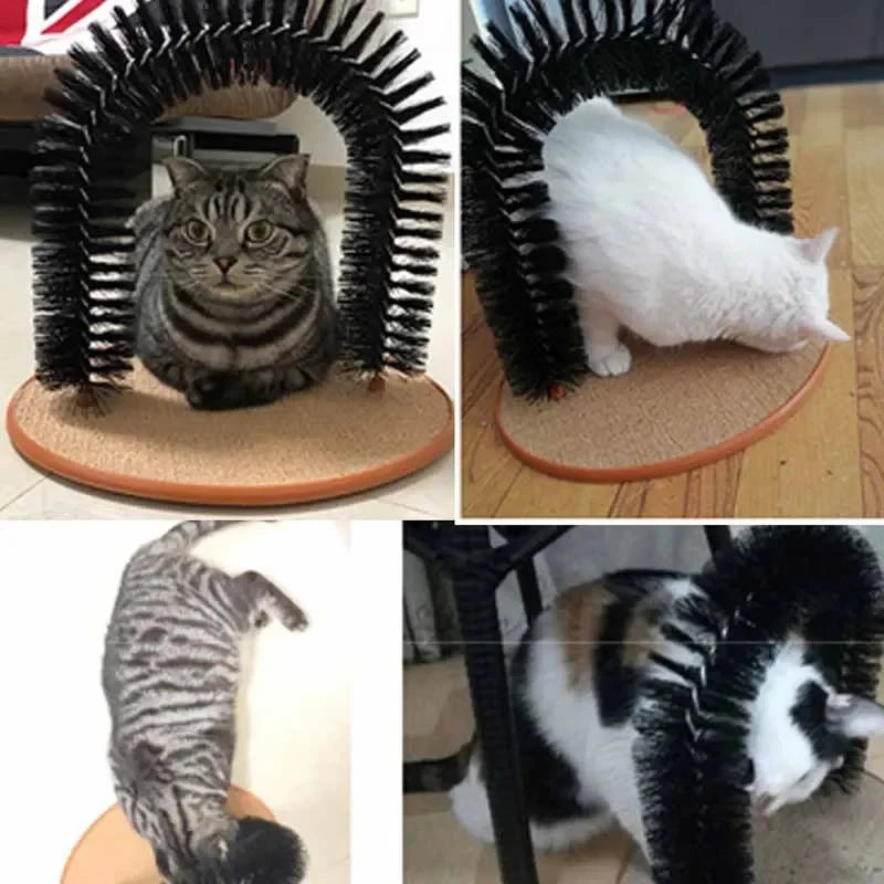Black cat self-grooming arch with a textured tan scratching base, shown with various cats rubbing against the bristles.