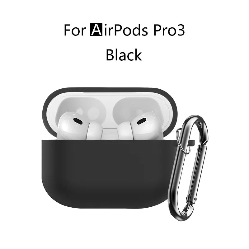 Black silicone protective case for AirPods Pro 3, featuring a silver carabiner clip for easy carrying.