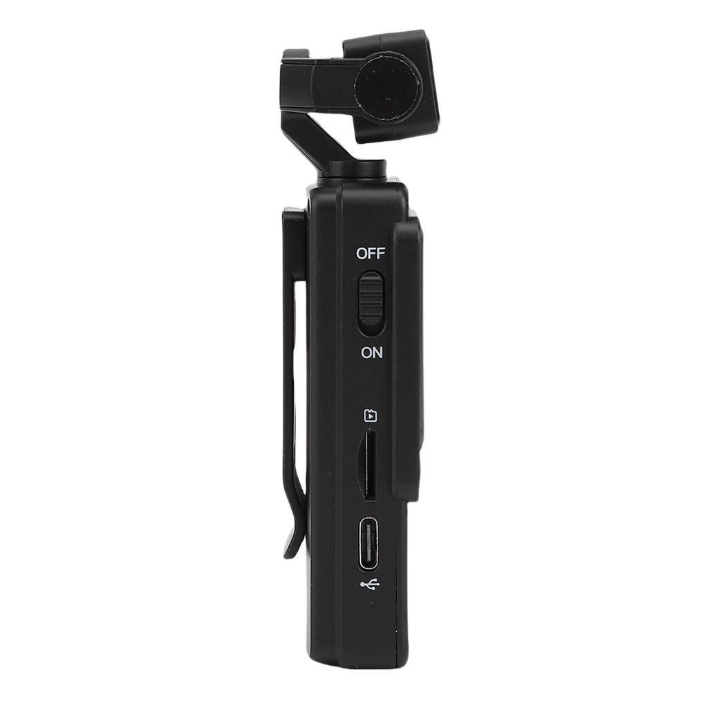 Black plastic handheld camera with a top gimbal, side power switch, memory card slot, and charging port.