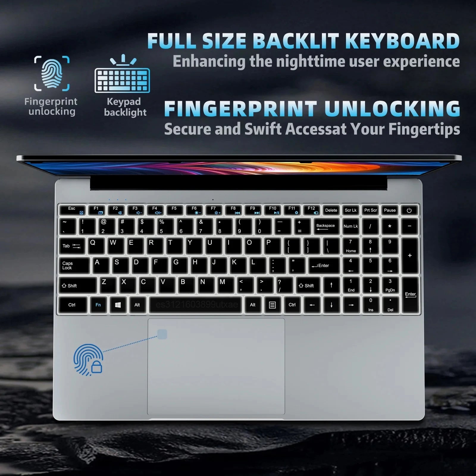 Silver 15.6-inch laptop with a full-size backlit keyboard, integrated fingerprint sensor, and large trackpad.