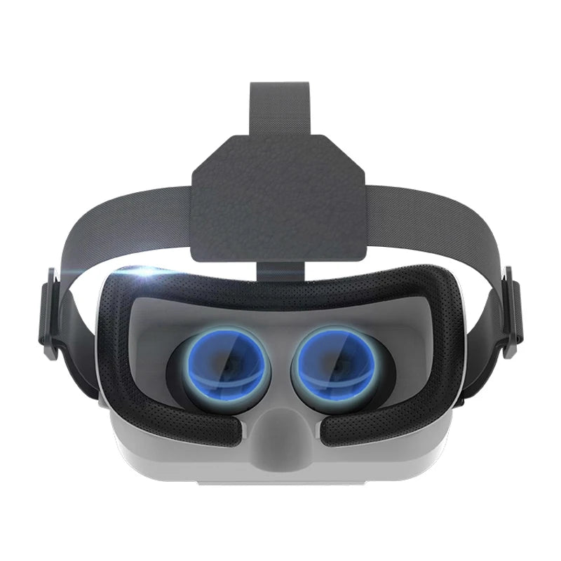 White smartphone VR headset with adjustable grey straps, comfortable black face padding and blue-tinted lenses.