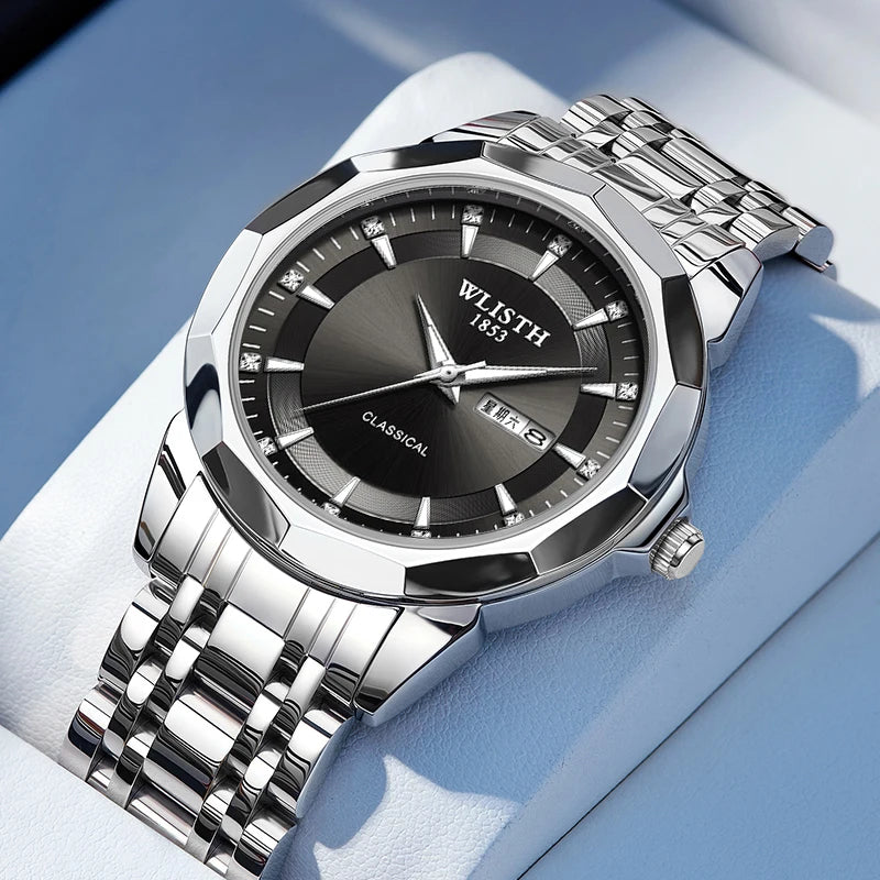 A classic men's business watch with a silver stainless steel bracelet and a black sunray dial with crystal markers.