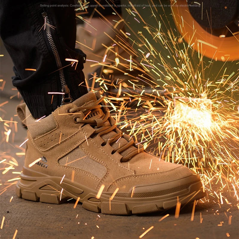 Brown leather lace-up work boot with a thick safety toe sole, surrounded by glowing sparks.
