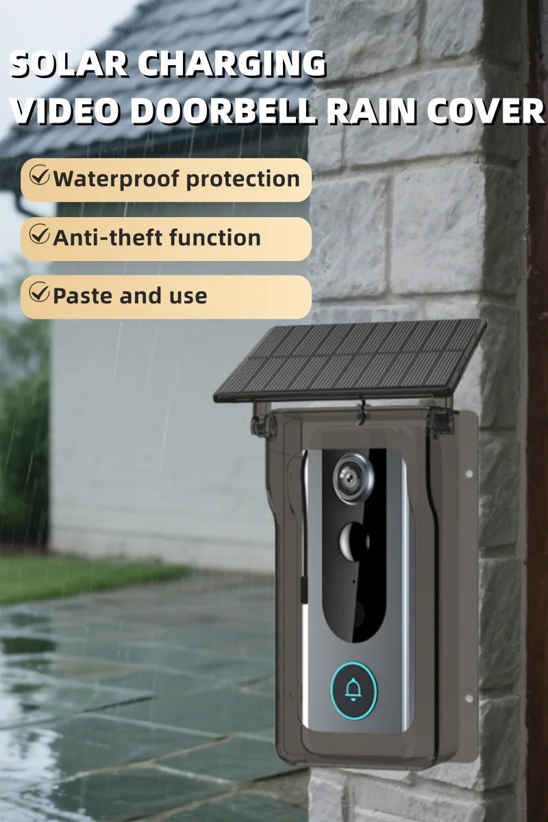 Wireless smart video doorbell with a solar-powered rain shield, mounted on a grey brick wall. Modern, sleek design.