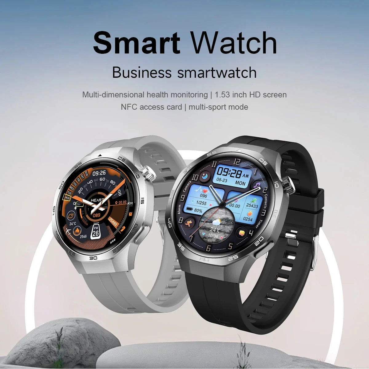 Two stylish smartwatches with round screens and silicone straps in grey and black, featuring health and sports tracking.