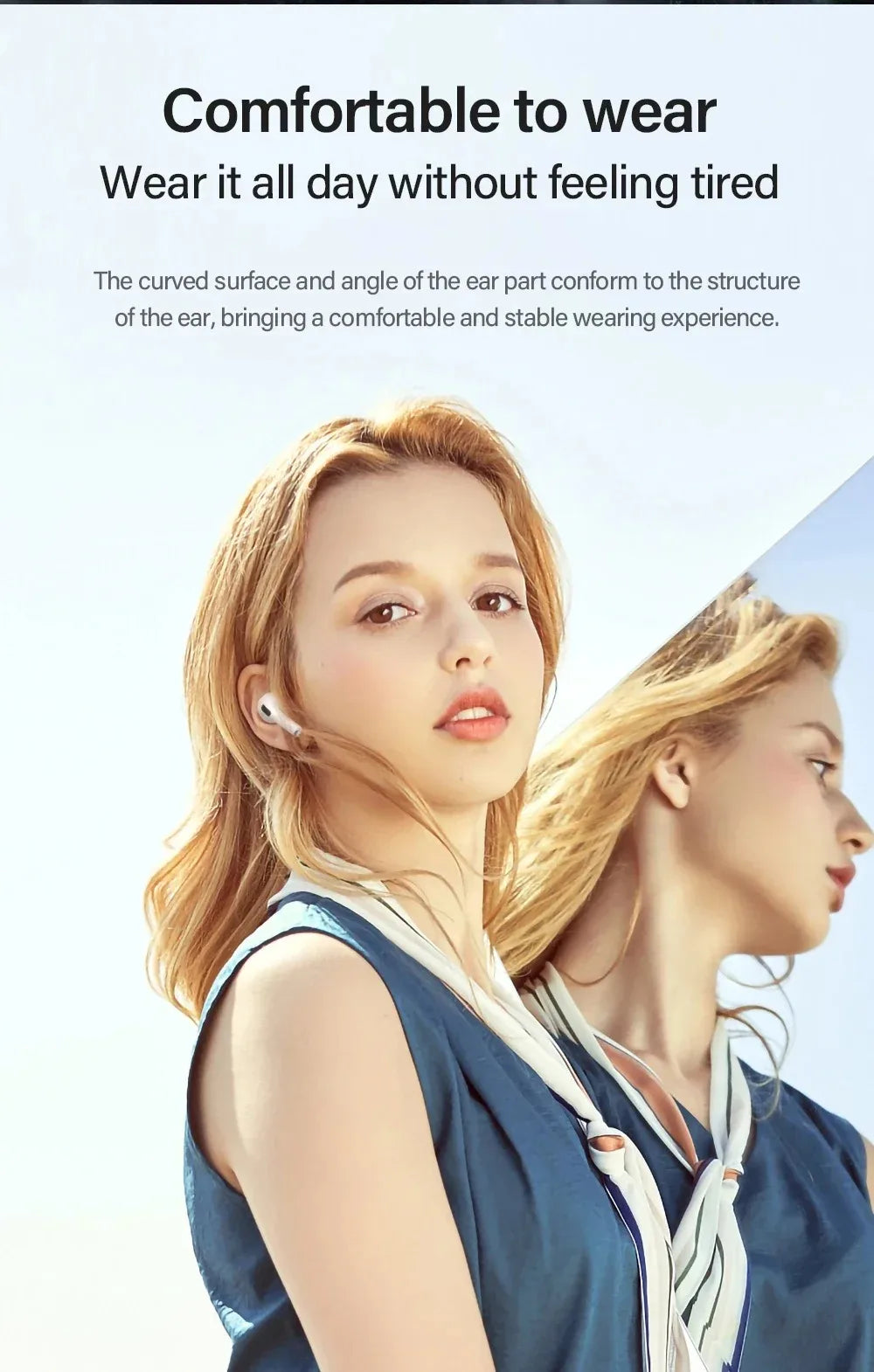 A woman wears small, white, ergonomic wireless earbuds featuring a sleek, curved design for a comfortable fit.