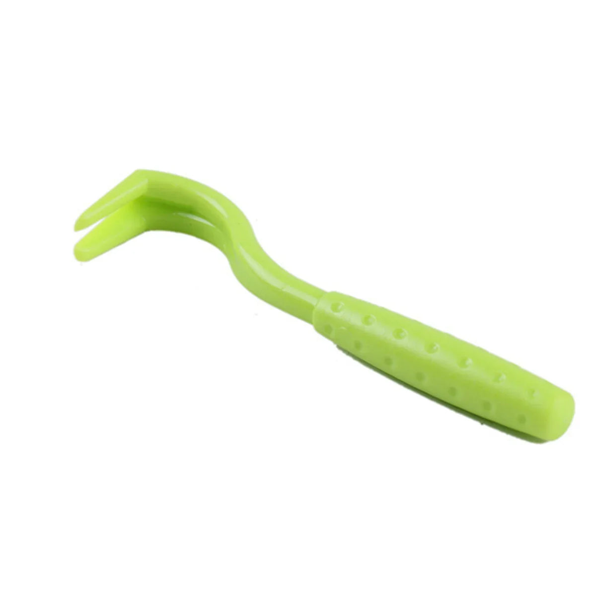 Bright lime green plastic hoof pick with a textured, non-slip handle.