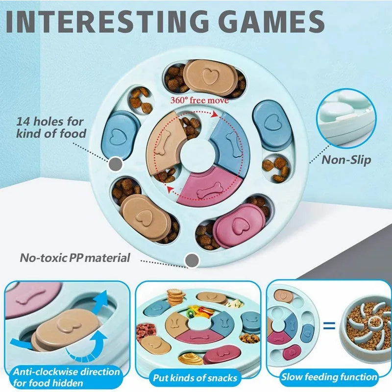 Pastel blue interactive dog slow feeder with sliding compartments, snack holes, and non-slip base for training.