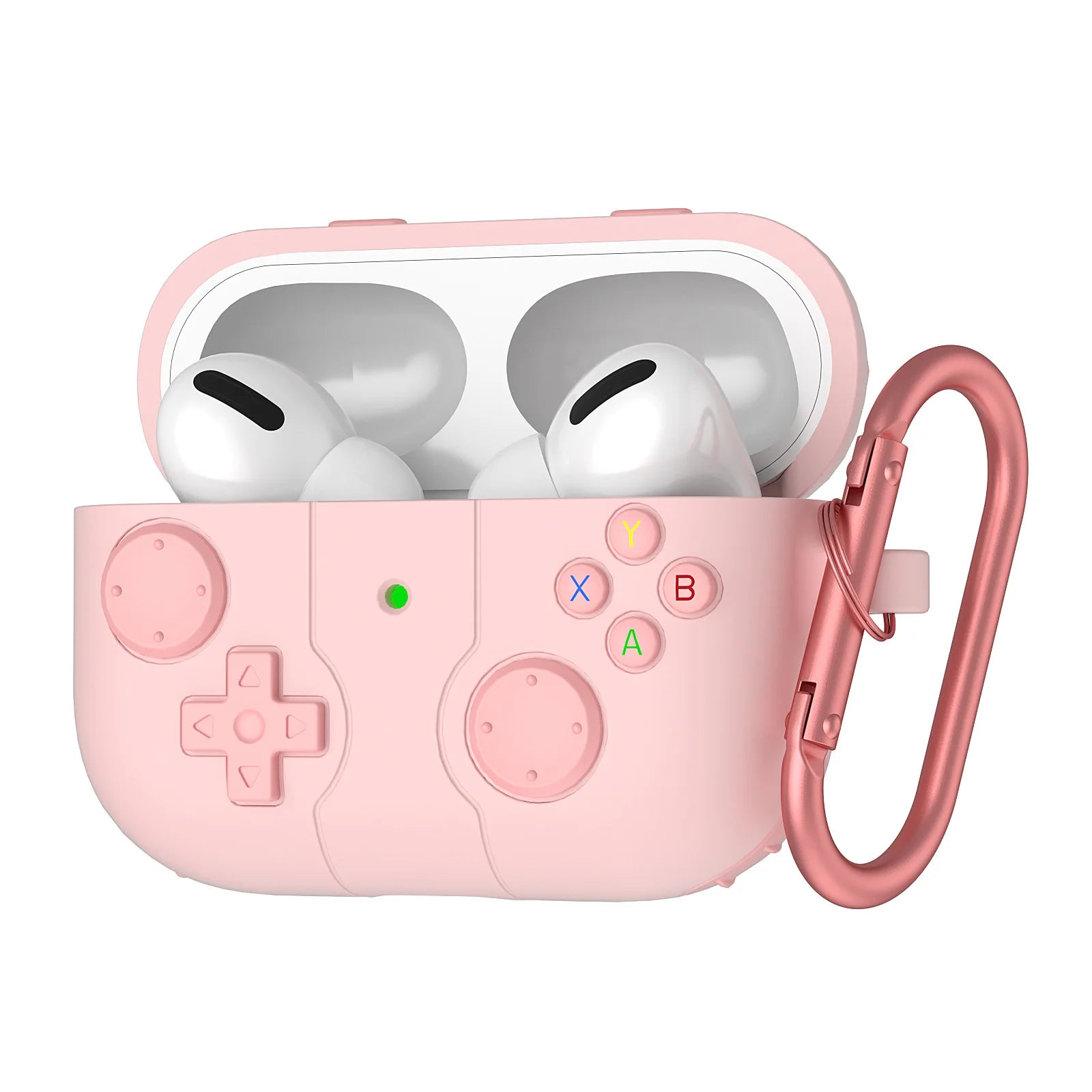 Pink silicone gaming controller case for AirPods Pro, featuring embossed buttons and a matching carabiner.