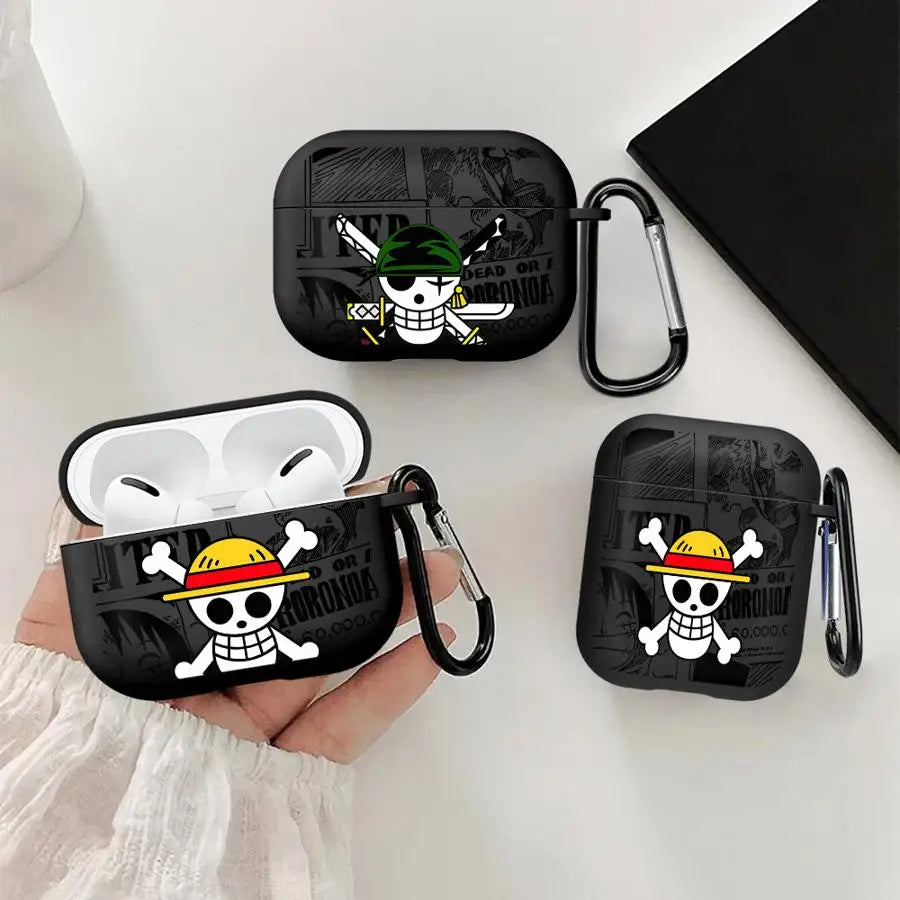 Black matte silicone AirPods cases featuring One Piece character designs with metal carabiner clips.
