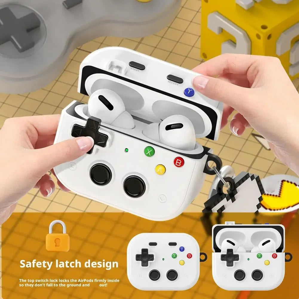 White retro gaming controller silicone case for AirPods Pro with safety latch design.