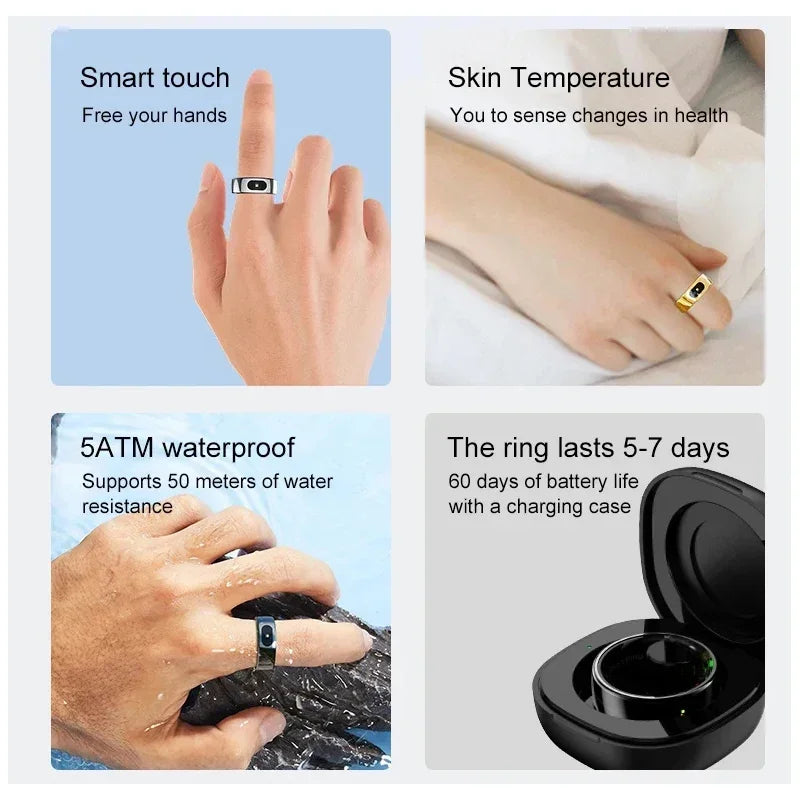 Sleek fitness tracking ring in gold and black. Features smart touch, skin temperature monitoring, and a charging case.