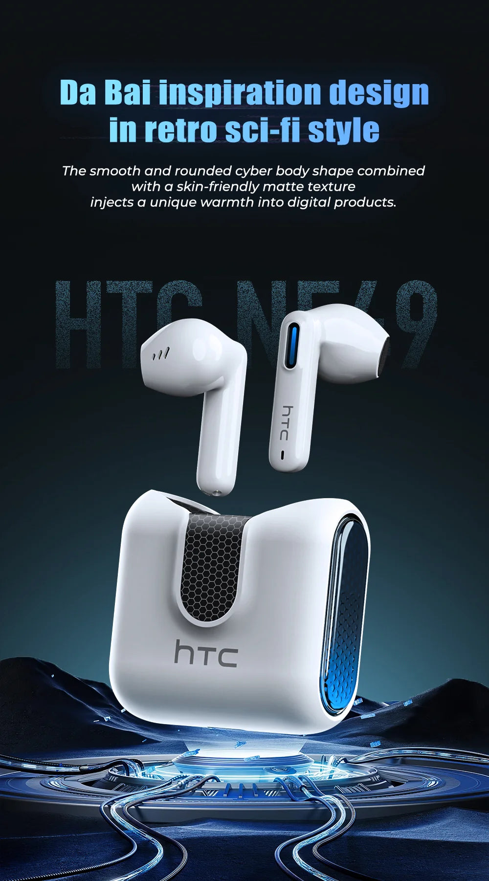 White wireless earbuds and a matching matte-textured, rounded charging case with a futuristic, sci-fi aesthetic.