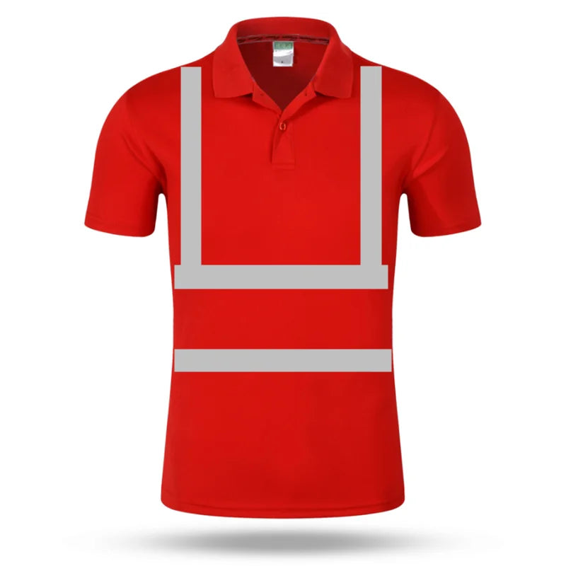 Red high-visibility work polo shirt with short sleeves and reflective silver harness-style tape.