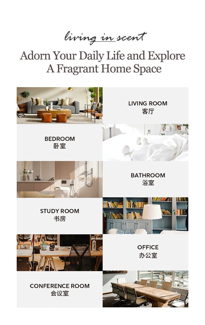 Collage showing stylish home and office interiors, demonstrating the versatile use of fragrance products in any space.