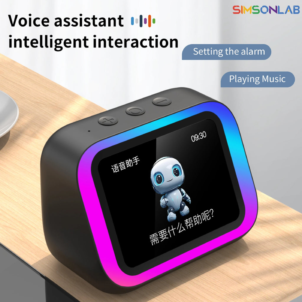Black multifunctional smart speaker with a colour-changing LED edge, digital display, and top control buttons.