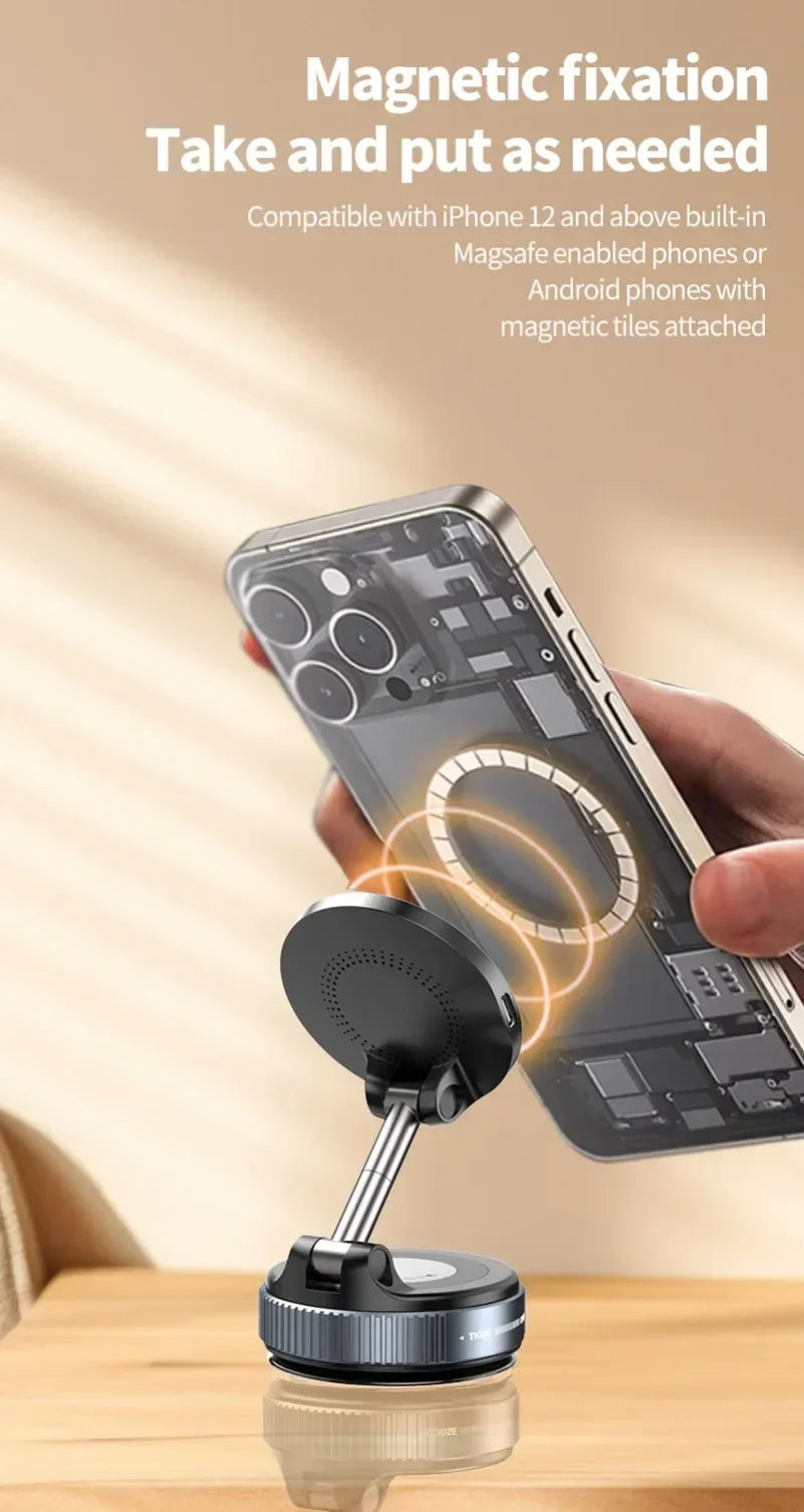 A black, adjustable magnetic phone mount holding a translucent smartphone with visible internal components.