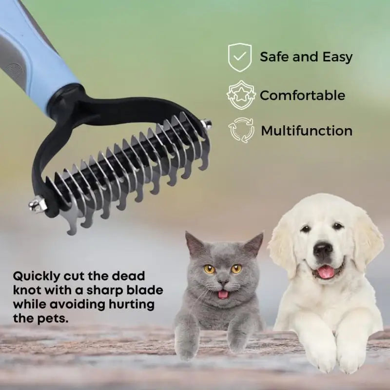 Blue pet de-matting rake with metal blades, shown with a cat and dog to illustrate its grooming use.