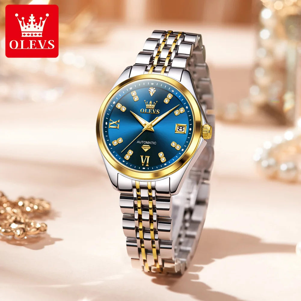 Elegant two-tone stainless steel automatic watch with a blue dial, diamond markers, and date window.