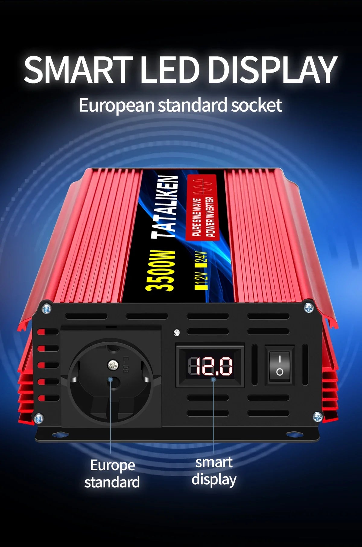 Red 3500W pure sine wave power inverter with a European socket and a digital smart LED display on a blue background.