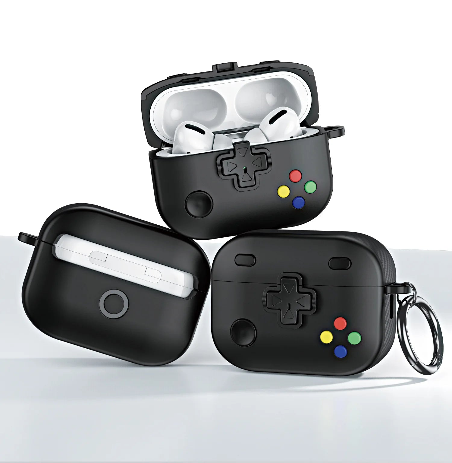 Black silicone gaming controller-style case for Apple AirPods Pro, featuring a d-pad, buttons and metal keyring.