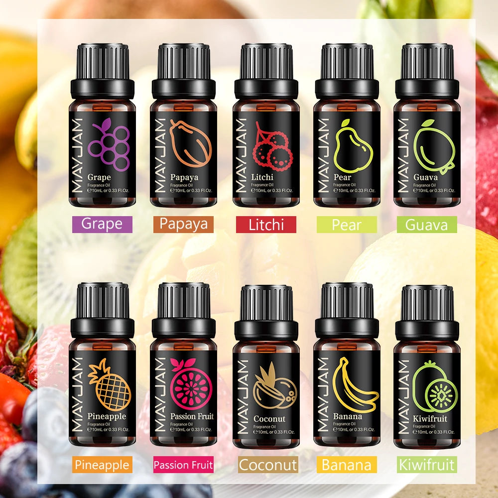 Ten 10ml amber glass bottles of fruit-scented fragrance oil with black caps and colorful fruit-themed labels.