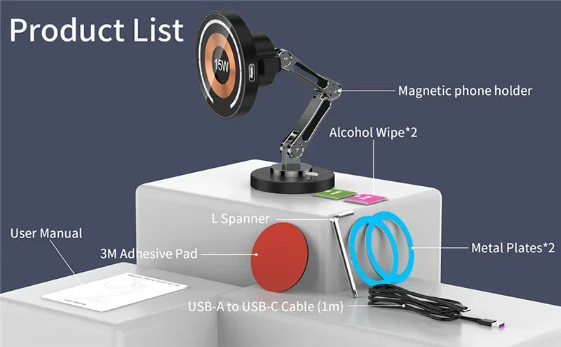Black magnetic phone holder with an adjustable metallic arm, shown with included accessories like cables and plates.
