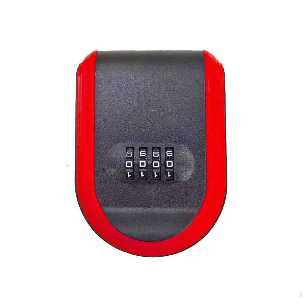 Black and red metal wall-mounted key lock box with a four-digit combination dial.