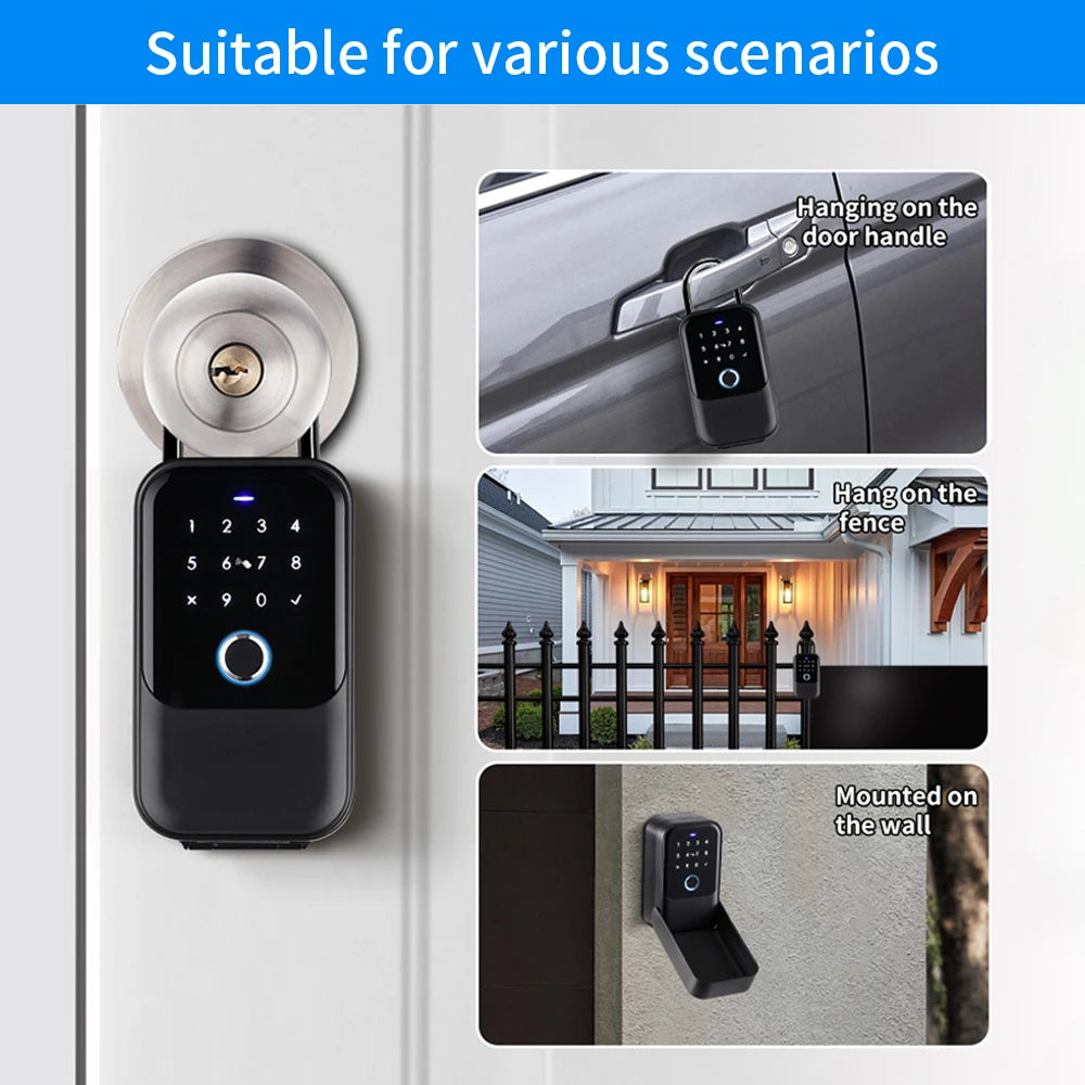 Black digital key lock box with a keypad and fingerprint scanner for wall mounting or hanging on doors and fences.