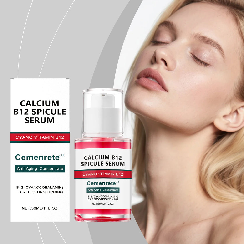 Anti-aging serum bottle and its box featuring bright pink liquid, clear pump, and B12 firming formula details.