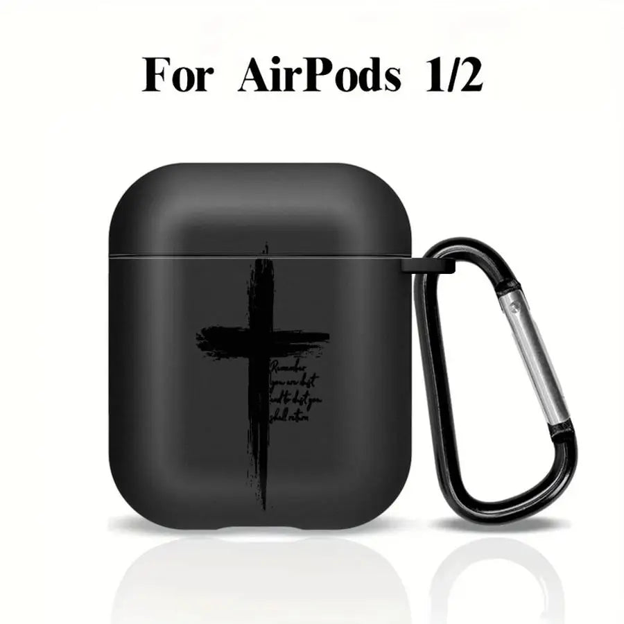 Black matte silicone case for AirPods 1/2, featuring a black cross print and matching carabiner clip.