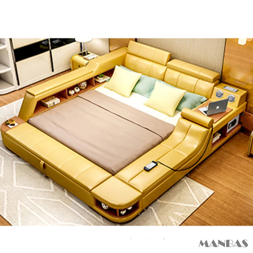 Mustard yellow luxury leather bed frame featuring integrated storage shelves, bedside tables, and smart lighting.