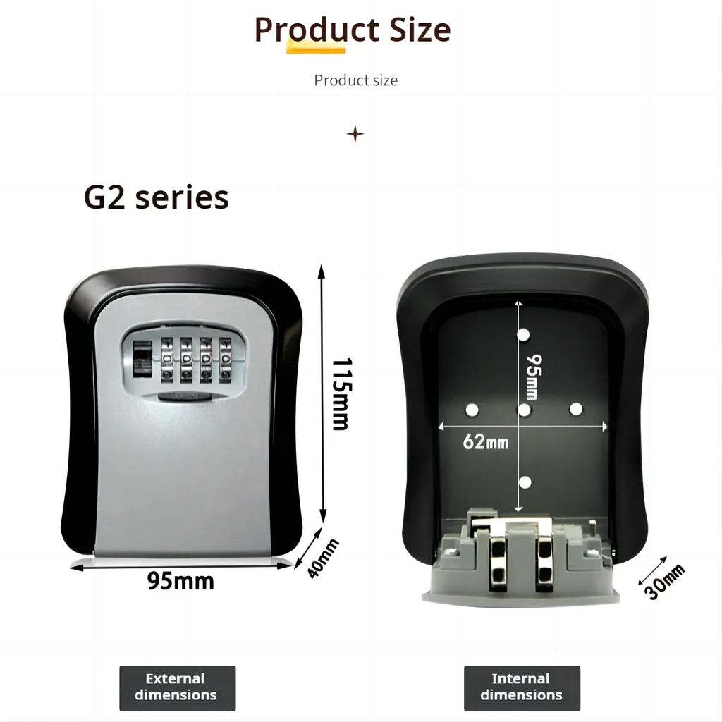 Black and grey metal wall-mounted key lock box with a four-digit combination dial and labeled external dimensions.