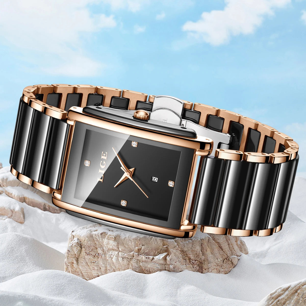 LIGE women's quartz watch with a rectangular black face, rose gold hands, crystal markers, and black-and-rose gold ceramic strap.