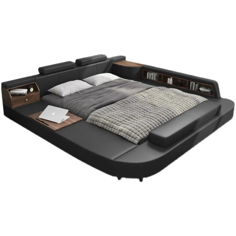 Modern black upholstered bed with integrated wooden storage shelving, side tables, and a built-in headboard.