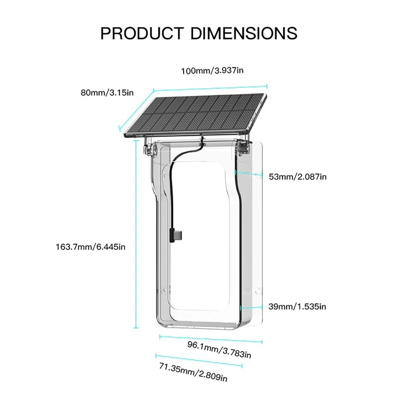 Technical diagram showing dimensions for a clear protective doorbell cover with a mounted black solar panel.