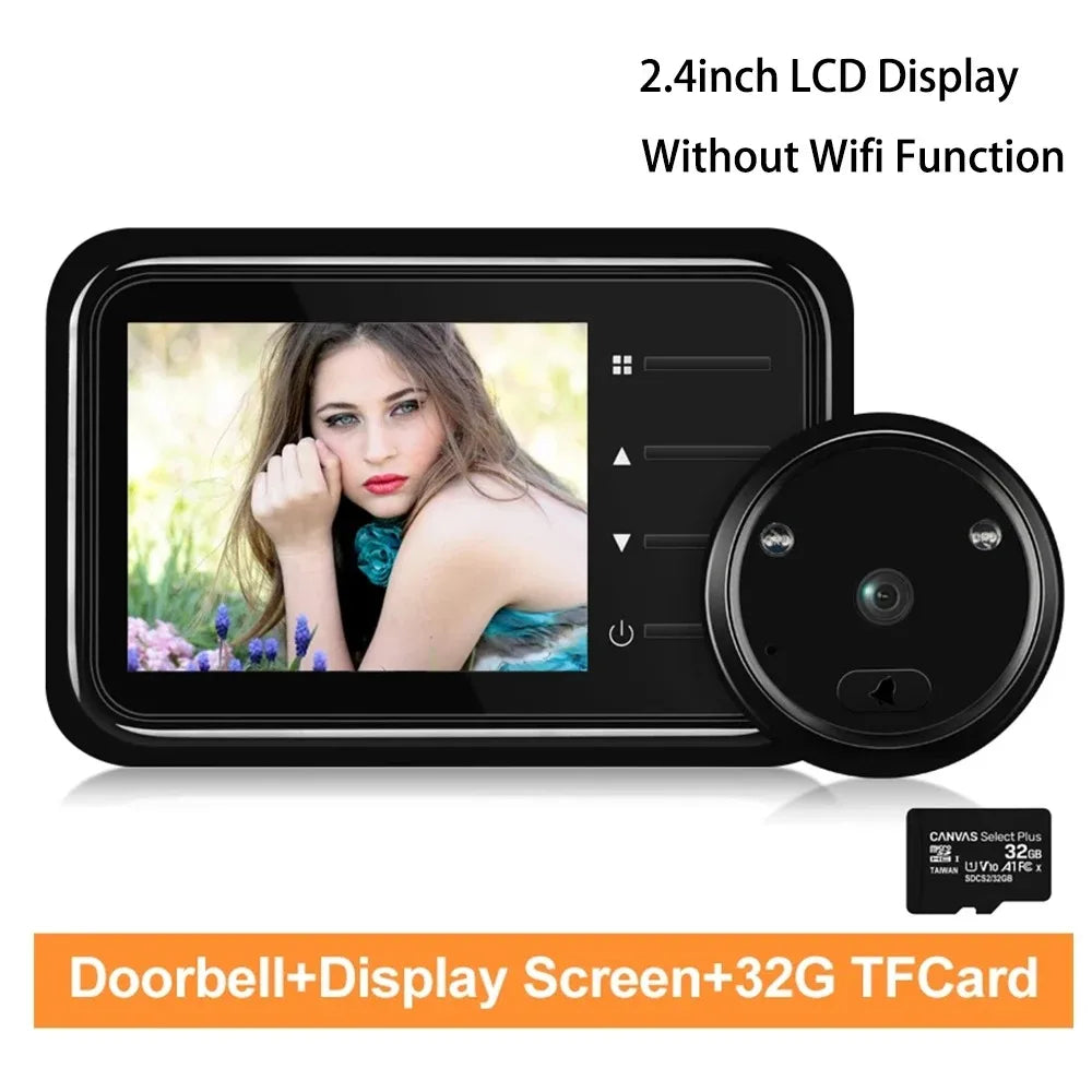 Black digital door peephole camera with 2.4-inch LCD screen, night vision, and 32GB memory card.