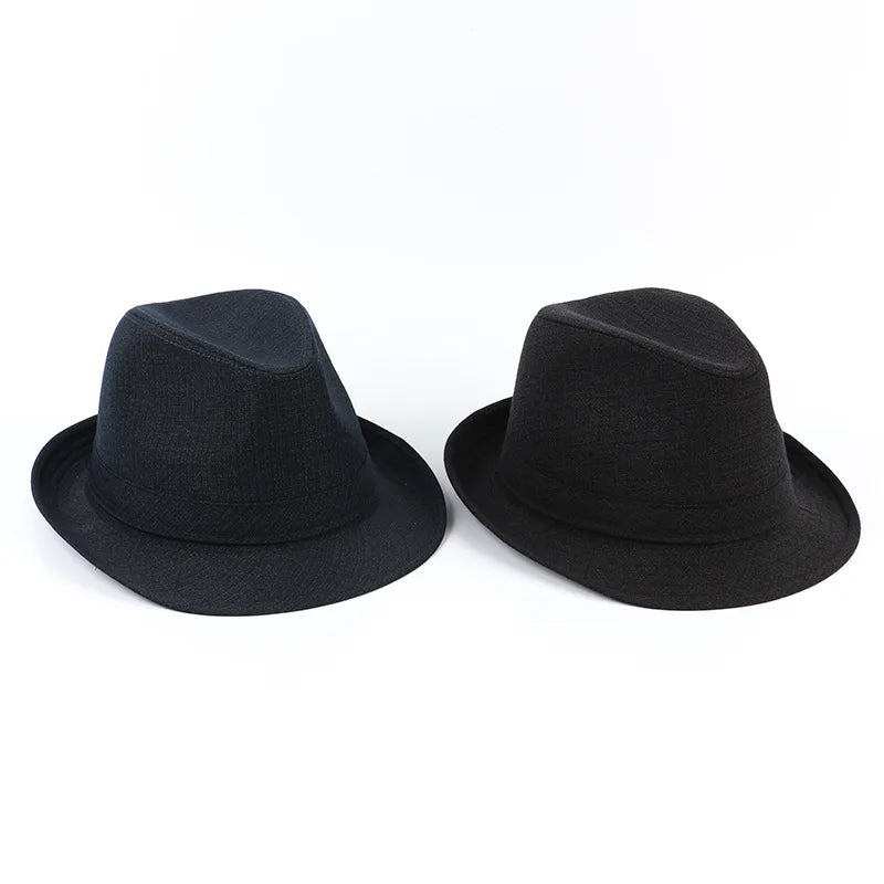 Two classic fedora hats in dark grey and black, featuring a textured finish and structured brim.