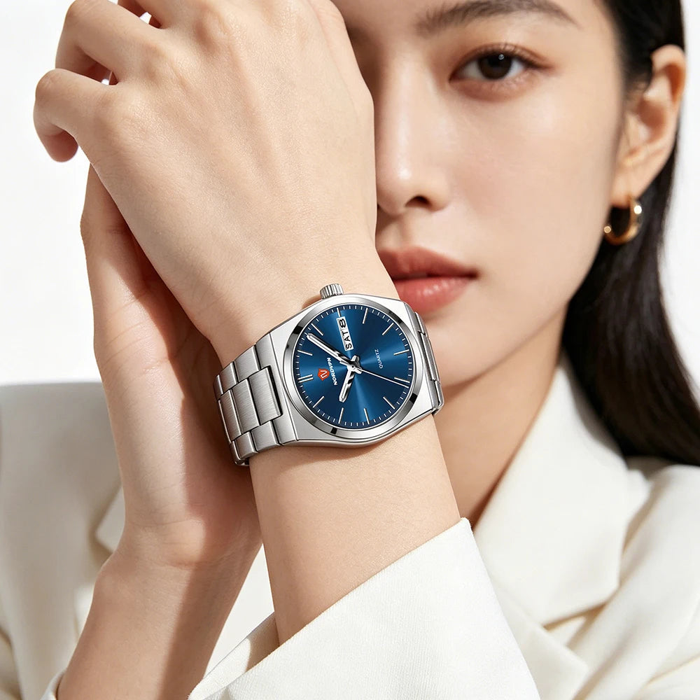 Elegant women's quartz watch with a sunray blue dial, silver-tone stainless steel strap, and day-date display.