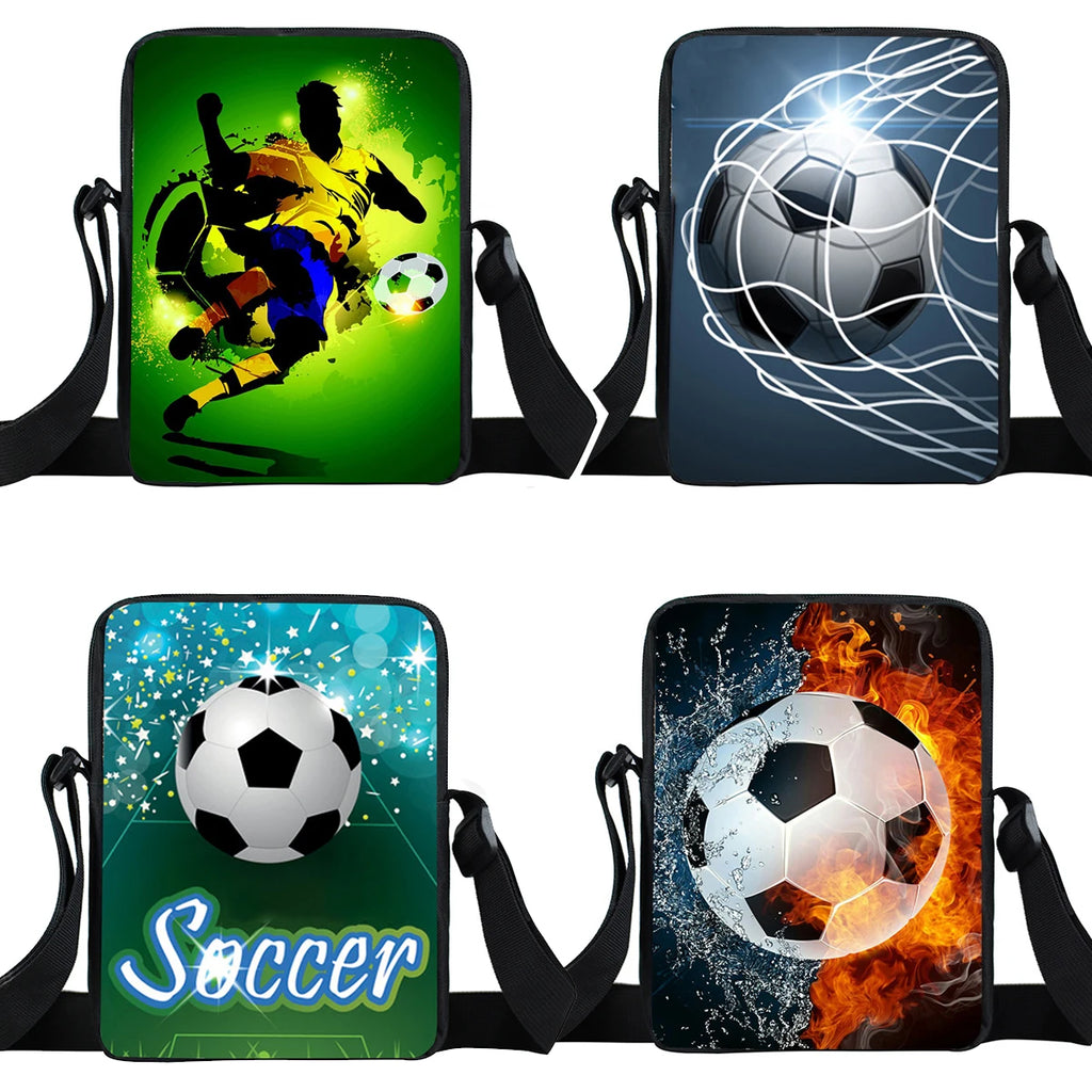 Four rectangular crossbody bags with colourful soccer-themed designs, featuring football players, balls, and flames.